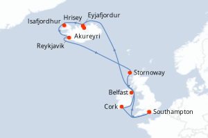 Carte itinéraire croisière Royaume-Uni, Irlande, Islande - 14 jours au départ de Southampton - Europe du Nord
