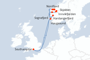 Carte itinéraire croisière Royaume-Uni, Norvège - 7 jours au départ de Southampton - Europe du Nord
