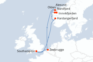Carte itinéraire croisière Royaume-Uni, Norvège, Belgique - 7 jours au départ de Southampton - Europe du Nord