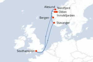 Carte itinéraire croisière Royaume-Uni, Norvège - 7 jours au départ de Southampton - Europe du Nord