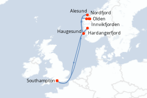 Carte itinéraire croisière Royaume-Uni, Norvège - 7 jours au départ de Southampton - Europe du Nord