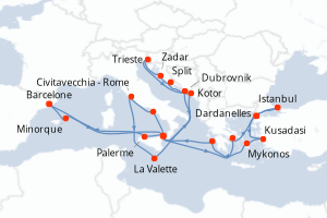 Carte itinéraire croisière Espagne, Italie, Grèce, Turquie, Malte, Monténégro, Croatie - 28 jours au départ de Barcelone - Méditerranée