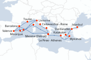 Carte itinéraire croisière Turquie, Grèce, Espagne, Italie, France - 21 jours au départ de Istanbul - Méditerranée