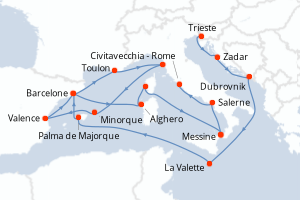 Carte itinéraire croisière Croatie, Malte, Espagne, Italie, France - 21 jours au départ de Trieste - Méditerranée