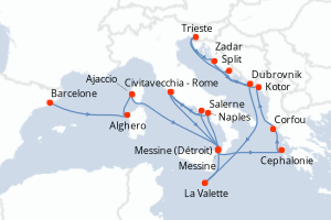Carte itinéraire croisière Espagne, Italie, France, Grèce, Monténégro, Croatie, Malte - 21 jours au départ de Barcelone - Méditerranée