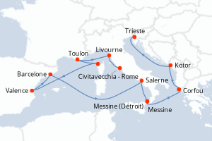 Carte itinéraire croisière Italie, France, Espagne, Grèce, Monténégro - 14 jours au départ de Civitavecchia - Rome - Méditerranée