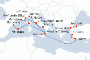 Carte itinéraire croisière Espagne, France, Italie, Grèce, Turquie - 21 jours au départ de Barcelone - Méditerranée