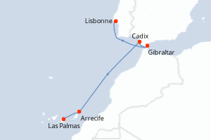Carte itinéraire croisière Espagne, Royaume-Uni, Portugal - 7 jours au départ de Las Palmas - Atlantique