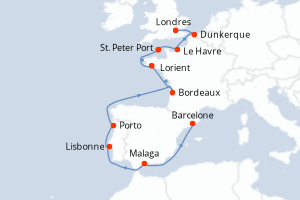 Carte itinéraire croisière Espagne, Portugal, France, Royaume-Uni - 14 jours au départ de Barcelone - Europe du Nord