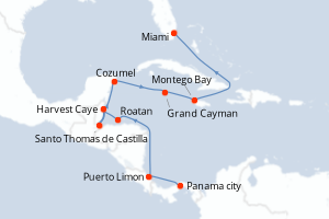 Carte itinéraire croisière Panama, Costa Rica, Honduras, Belize, Guatemala, Mexique, Caïmans (Îles), Jamaïque, États-Unis - 11 jours au départ de Panama city - Caraïbes Bahamas
