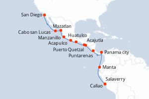 Carte itinéraire croisière Pérou, Équateur, Panama, Costa Rica, Salvador, Guatemala, Mexique, États-Unis - 17 jours au départ de Callao - Amérique du Nord