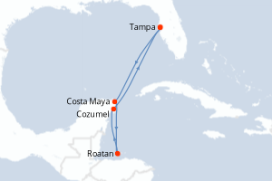 Carte itinéraire croisière États-Unis, Mexique, Honduras - 6 jours au départ de Tampa - Caraïbes Mexique