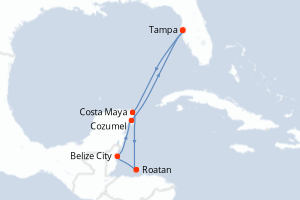 Carte itinéraire croisière États-Unis, Mexique, Honduras, Belize - 7 jours au départ de Tampa - Caraïbes Mexique