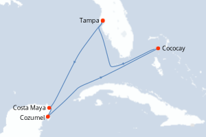 Carte itinéraire croisière États-Unis, Mexique, Bahamas - 7 jours au départ de Tampa - Caraïbes Mexique