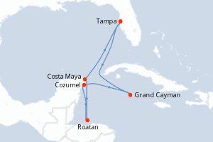 Carte itinéraire croisière États-Unis, Caïmans (Îles), Honduras, Mexique - 8 jours au départ de Tampa - Caraïbes Mexique