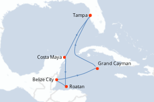 Carte itinéraire croisière États-Unis, Mexique, Honduras, Belize, Caïmans (Îles) - 8 jours au départ de Tampa - Caraïbes Mexique