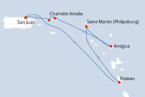 Carte itinéraire croisière Porto Rico, Royaume-Uni, Antigua-et-Barbuda, Pays-Bas, Dominique - 7 jours au départ de San Juan - Caraïbes Bahamas