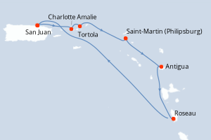 Carte itinéraire croisière Porto Rico, Royaume-Uni, Pays-Bas, Antigua-et-Barbuda, Dominique - 7 jours au départ de San Juan - Caraïbes Bahamas