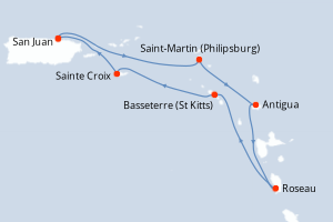 Carte itinéraire croisière Porto Rico, Pays-Bas, Antigua-et-Barbuda, Dominique, Royaume-Uni, États-Unis - 7 jours au départ de San Juan - Caraïbes Bahamas