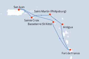 Carte itinéraire croisière Porto Rico, États-Unis, Pays-Bas, Antigua-et-Barbuda, France, Royaume-Uni - 7 jours au départ de San Juan - Caraïbes Bahamas
