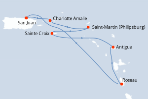 Carte itinéraire croisière Porto Rico, Royaume-Uni, Pays-Bas, États-Unis, Antigua-et-Barbuda, Dominique - 7 jours au départ de San Juan - Caraïbes Bahamas