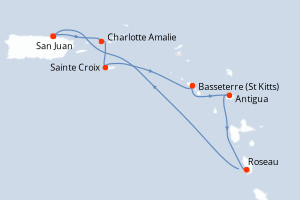 Carte itinéraire croisière Porto Rico, Royaume-Uni, États-Unis, Antigua-et-Barbuda, Dominique - 7 jours au départ de San Juan - Caraïbes Bahamas