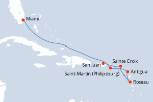 Carte itinéraire croisière Porto Rico, Pays-Bas, Dominique, Antigua-et-Barbuda, États-Unis - 7 jours au départ de San Juan - Caraïbes Bahamas