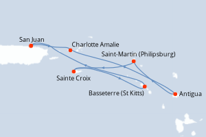 Carte itinéraire croisière Porto Rico, Royaume-Uni, Antigua-et-Barbuda, Pays-Bas, États-Unis - 7 jours au départ de San Juan - Caraïbes Bahamas