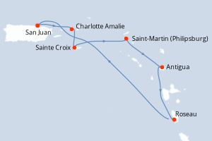 Carte itinéraire croisière Porto Rico, Royaume-Uni, États-Unis, Pays-Bas, Antigua-et-Barbuda, Dominique - 7 jours au départ de San Juan - Caraïbes Bahamas
