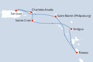 Carte itinéraire croisière Porto Rico, Royaume-Uni, États-Unis, Antigua-et-Barbuda, Dominique, Pays-Bas - 7 jours au départ de San Juan - Caraïbes Bahamas