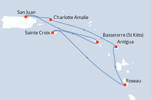 Carte itinéraire croisière Porto Rico, Royaume-Uni, Antigua-et-Barbuda, Dominique, États-Unis - 7 jours au départ de San Juan - Caraïbes Bahamas