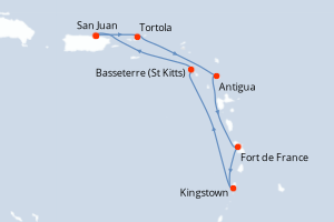 Carte itinéraire croisière Porto Rico, Antigua-et-Barbuda, France, Saint Vincent-et-les-Grenadines, Royaume-Uni - 7 jours au départ de San Juan - Caraïbes Bahamas
