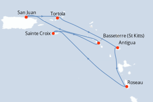Carte itinéraire croisière Porto Rico, Antigua-et-Barbuda, Dominique, États-Unis, Royaume-Uni - 7 jours au départ de San Juan - Caraïbes Bahamas