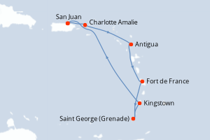 Carte itinéraire croisière Porto Rico, Royaume-Uni, Antigua-et-Barbuda, France, Grenade, Saint Vincent-et-les-Grenadines - 7 jours au départ de San Juan - Caraïbes Bahamas