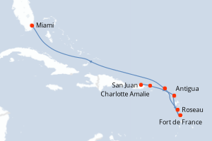 Carte itinéraire croisière Porto Rico, Royaume-Uni, Antigua-et-Barbuda, France, Dominique, Pays-Bas, États-Unis - 8 jours au départ de San Juan - Caraïbes Bahamas