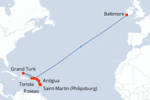 Carte itinéraire croisière États-Unis, Pays-Bas, Dominique, France, Antigua-et-Barbuda, Royaume-Uni, Porto Rico - 10 jours au départ de Baltimore - Caraïbes Bahamas