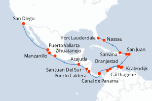 Carte itinéraire croisière Bahamas, République Dominicaine, Porto Rico, Royaume-Uni, Aruba, Colombie, Pays-Bas, Panama, Chili, Nicaragua, Salvador, Mexique, États-Unis - 28 jours au départ de Fort Lauderdale - Transatlantique
