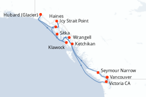 Carte itinéraire croisière Canada, États-Unis - 11 jours au départ de Vancouver - Alaska