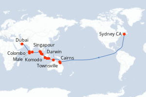 Carte itinéraire croisière Canada, Australie, Indonésie, Singapour, Malaisie, Thaïlande, Sri Lanka, Maldives, Italie, Emirats Arabes Unis - 36 jours au départ de Sydney CA - Moyen-Orient Dubaï