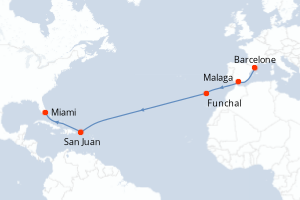 Carte itinéraire croisière Espagne, Portugal, Porto Rico, États-Unis - 14 jours au départ de Barcelone - Transatlantique