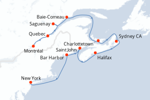 Carte itinéraire croisière Canada, États-Unis - 11 jours au départ de Montréal - Amérique du Nord