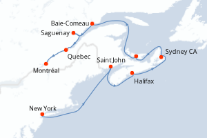 Carte itinéraire croisière États-Unis, Canada - 10 jours au départ de New York - Amérique du Nord