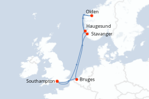 Carte itinéraire croisière Royaume-Uni, Belgique, Norvège - 7 jours au départ de Southampton - Europe du Nord