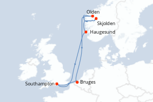 Carte itinéraire croisière Royaume-Uni, Belgique, Norvège - 7 jours au départ de Southampton - Europe du Nord