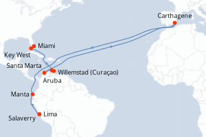 Carte itinéraire croisière États-Unis, Pays-Bas, Colombie, Espagne, Équateur, Pérou - 15 jours au départ de Miami - Amérique du Sud