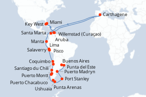 Carte itinéraire croisière États-Unis, Pays-Bas, Colombie, Espagne, Équateur, Pérou, Chili, Argentine, Îles Malouines, Uruguay - 36 jours au départ de Miami - Amérique du Sud