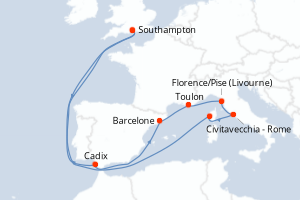 Carte itinéraire croisière Aventurero Mediterráneo - 14 jours au départ de Southampton - Europe du Nord