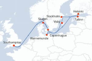 Carte itinéraire croisière Escandinavia - 14 jours au départ de Southampton - Europe du Nord