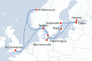 Carte itinéraire croisière Noruega, Dinamarca y Suecia - 14 jours au départ de Southampton - Europe du Nord