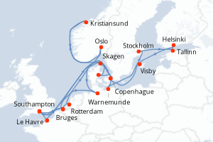 Carte itinéraire croisière Aventura en Escandinavia y Europa Occide - 28 jours au départ de Southampton - Europe du Nord